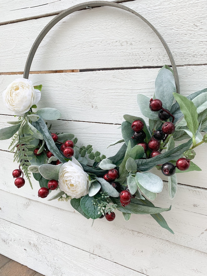 Christmas Wreath, Winter Wreath, Red Holly Berries, Window Wreath, Front Door Decor, Farmhouse Holiday Indoor Wall Wreath, White Flowers image 3