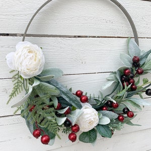 Christmas Wreath, Winter Wreath, Red Holly Berries, Window Wreath, Front Door Decor, Farmhouse Holiday Indoor Wall Wreath, White Flowers image 2