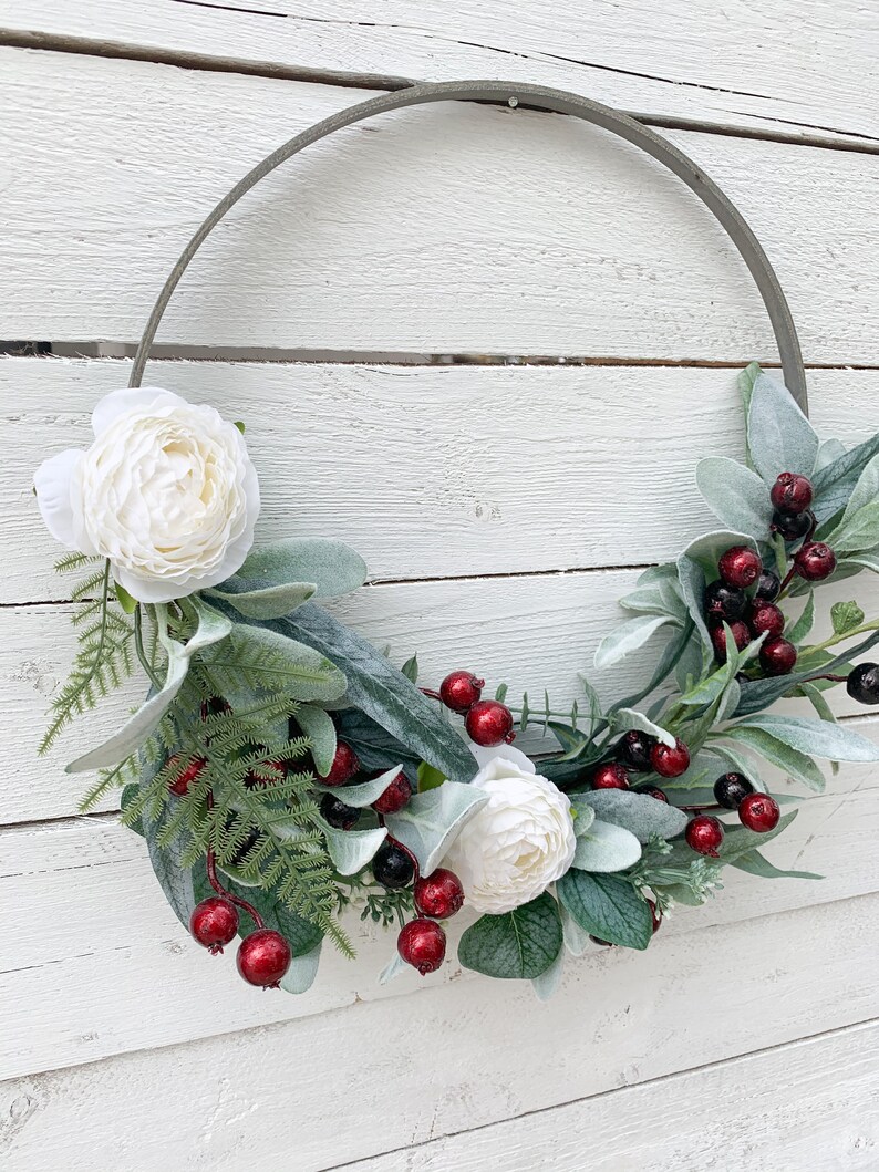 Christmas Wreath, Winter Wreath, Red Holly Berries, Window Wreath, Front Door Decor, Farmhouse Holiday Indoor Wall Wreath, White Flowers image 2