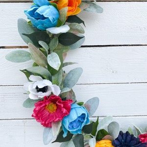 Large Summer Wreath, Front Door Decor, Colorful Hoop Wreath, Lambs Ear Peonies Poppies, Farmhouse Wall Decor image 6