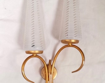 Vintage French Opaline Glass Sconce: Mid-Century Gilded Brass Wall Light