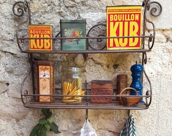 Vintage French Metal Kitchen Shelf: 2-Tier Rack with Hooks