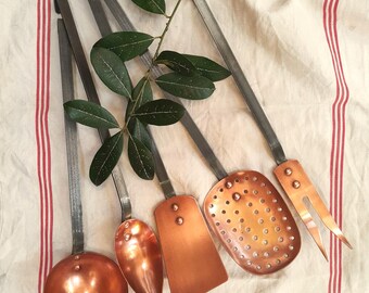 Antique French Copper Kitchen Utensil Set: Ladle, Skimmer, Fork & Spatula