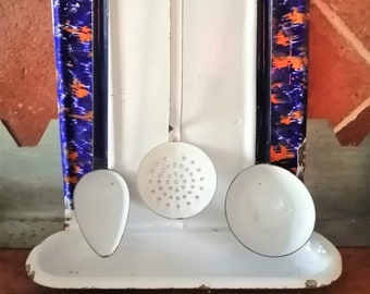 Escurreplatos de cocina vintage de esmalte francés: bandeja de goteo antigua decorativa