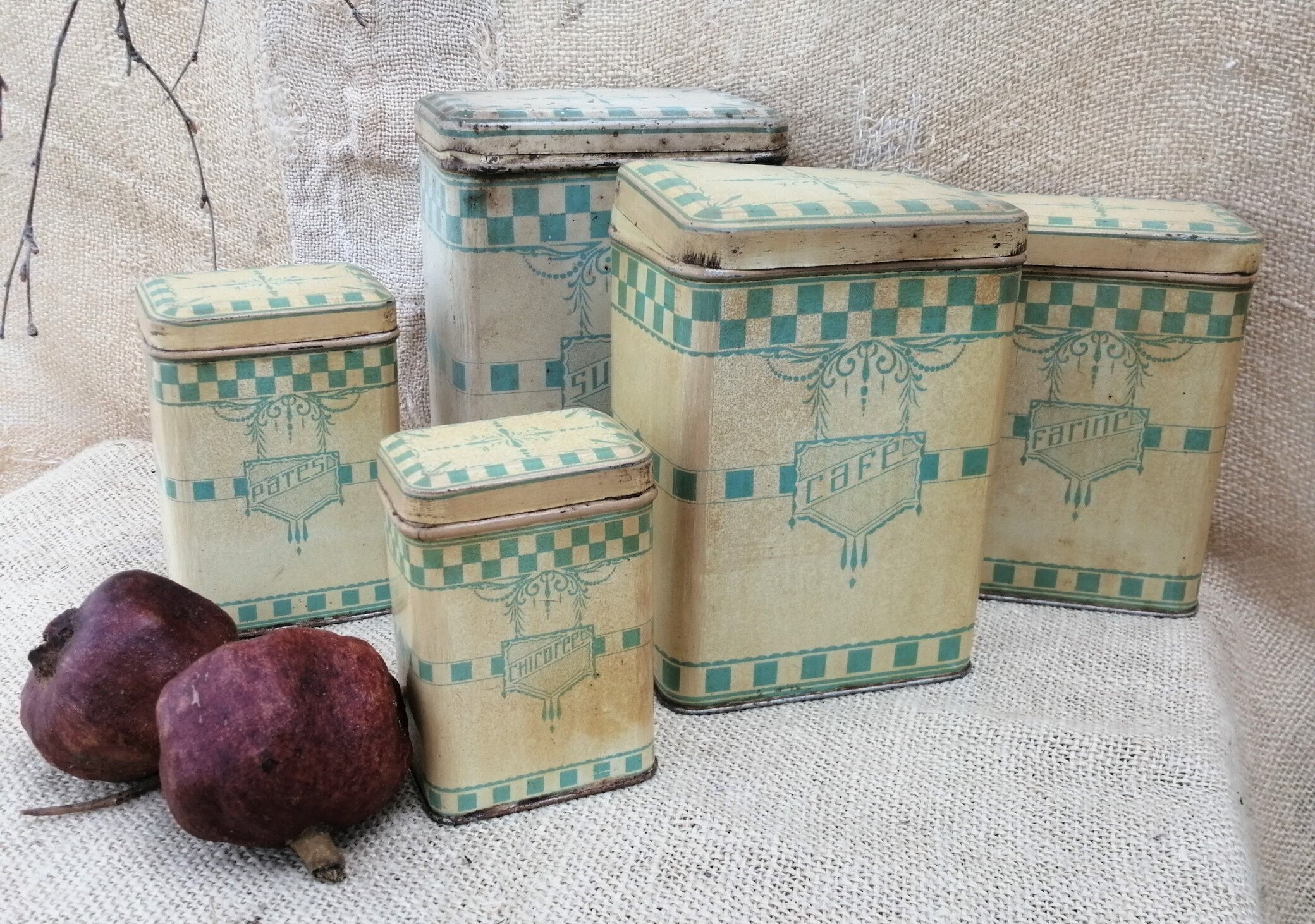 Ensemble de 6 Cannisters en Métal Français Antiques Pour Français Déco Cuisine, Séance Photo, Access