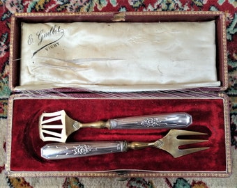 Antique French silver hors d'oeuvre silverware cocktail fork pierced server cutlery set Art Nouveau silver tableware