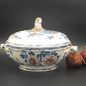 Antique French Ironstone Transferware GIEN Porcelain Soup Tureen with lid, compote dish, fruit bowl, floral leaf decor c.1900