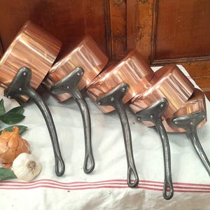 Set of 5 FRENCH Copper saucepans, Vintage, Professional or home quality, never used -  heavyweight tin-lined for cooking,  .