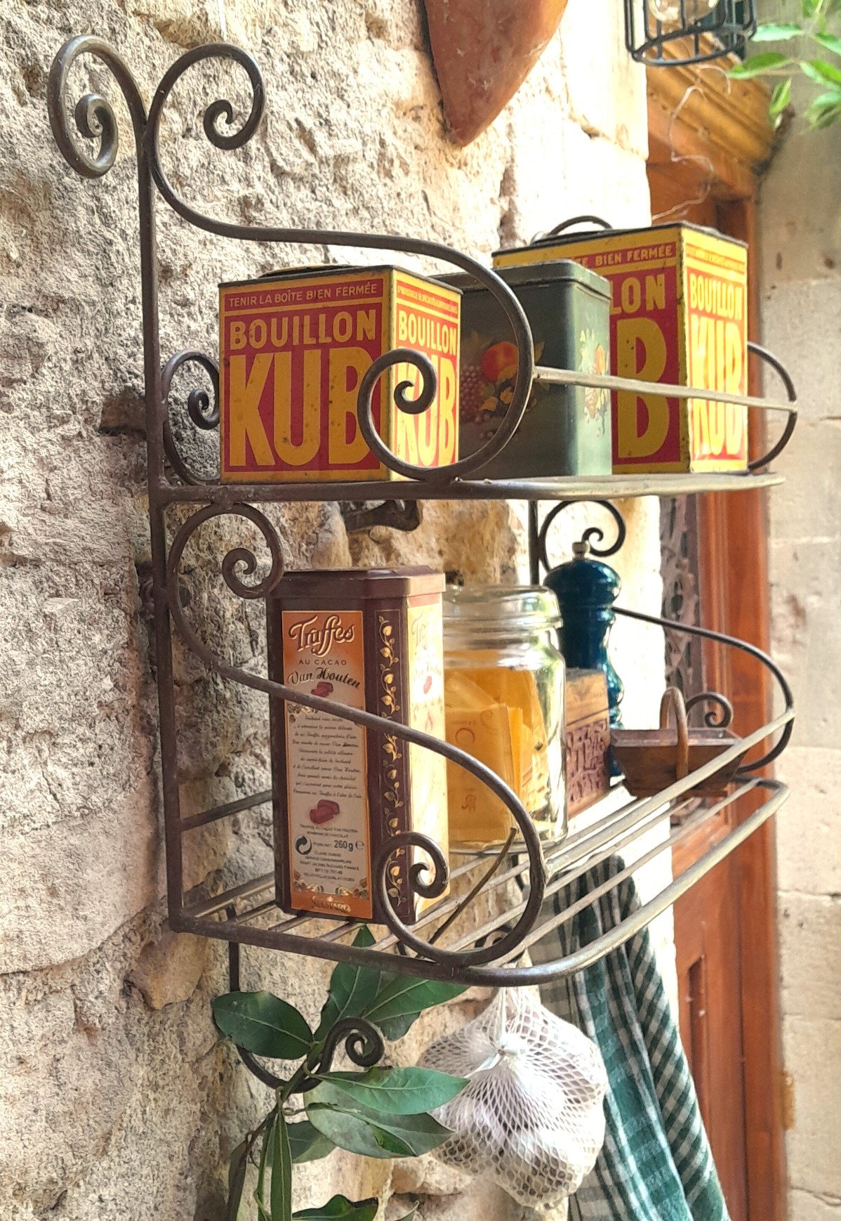 Vintage French Metal Kitchen Shelf: 2-tier Rack With Hooks - Etsy