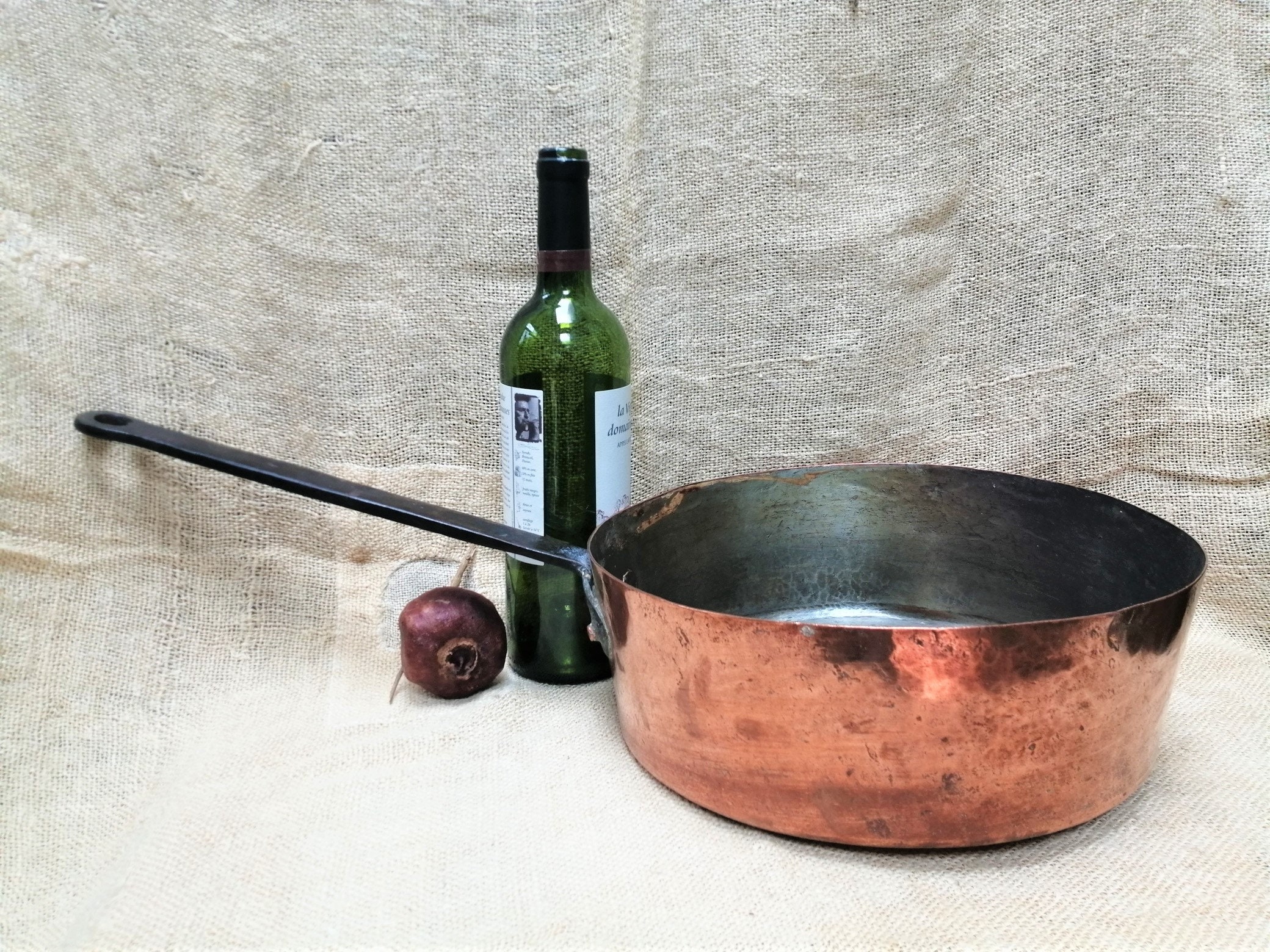 Antique Français Grand Traditionnel Lourd Casserole en Cuivre Stock Pot avec Poignée Longue, Décorat