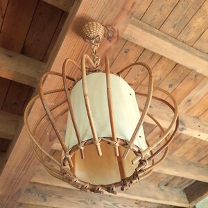 French 1960-70's Rattan Cane Louis Sognot Ceiling with Light beige textured Lampshade, Large ceiling light, Retro Decor