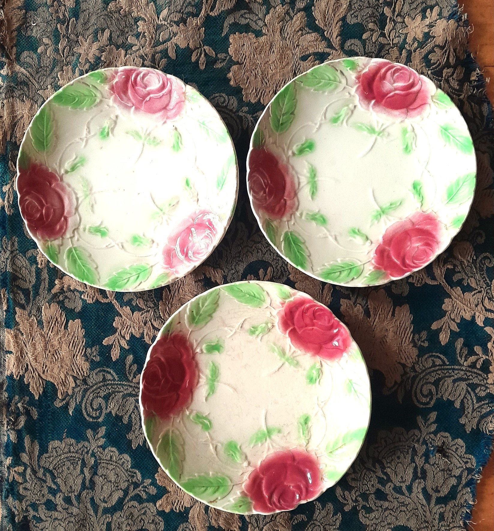 French Antique SET of 3 X MAJOLICA Plates Dessert or Cheese Majolica Rose blossom and Leaf Decor, Rare Barbotine 1900s set