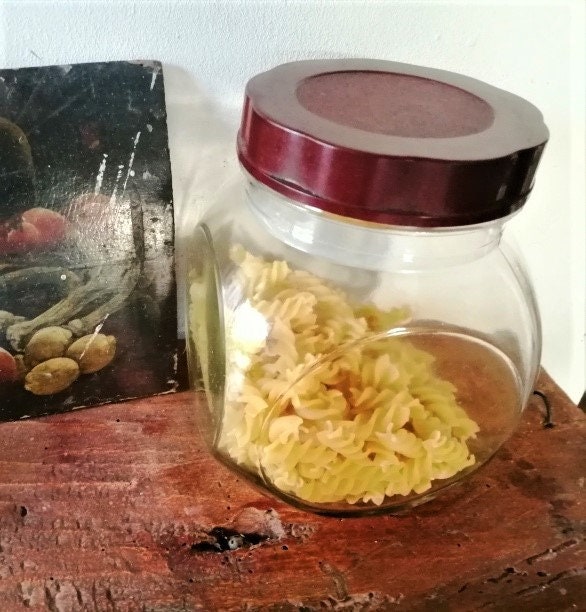 Pot de Bonbons ou Pâtes en Verre Vintage Français Grand avec Couvercle Bakélite, Récipient Cuisine V