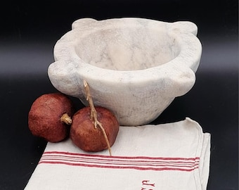 Antique French Marble Mortar with Wooden Pestle - 18th Century Kitchen Decor