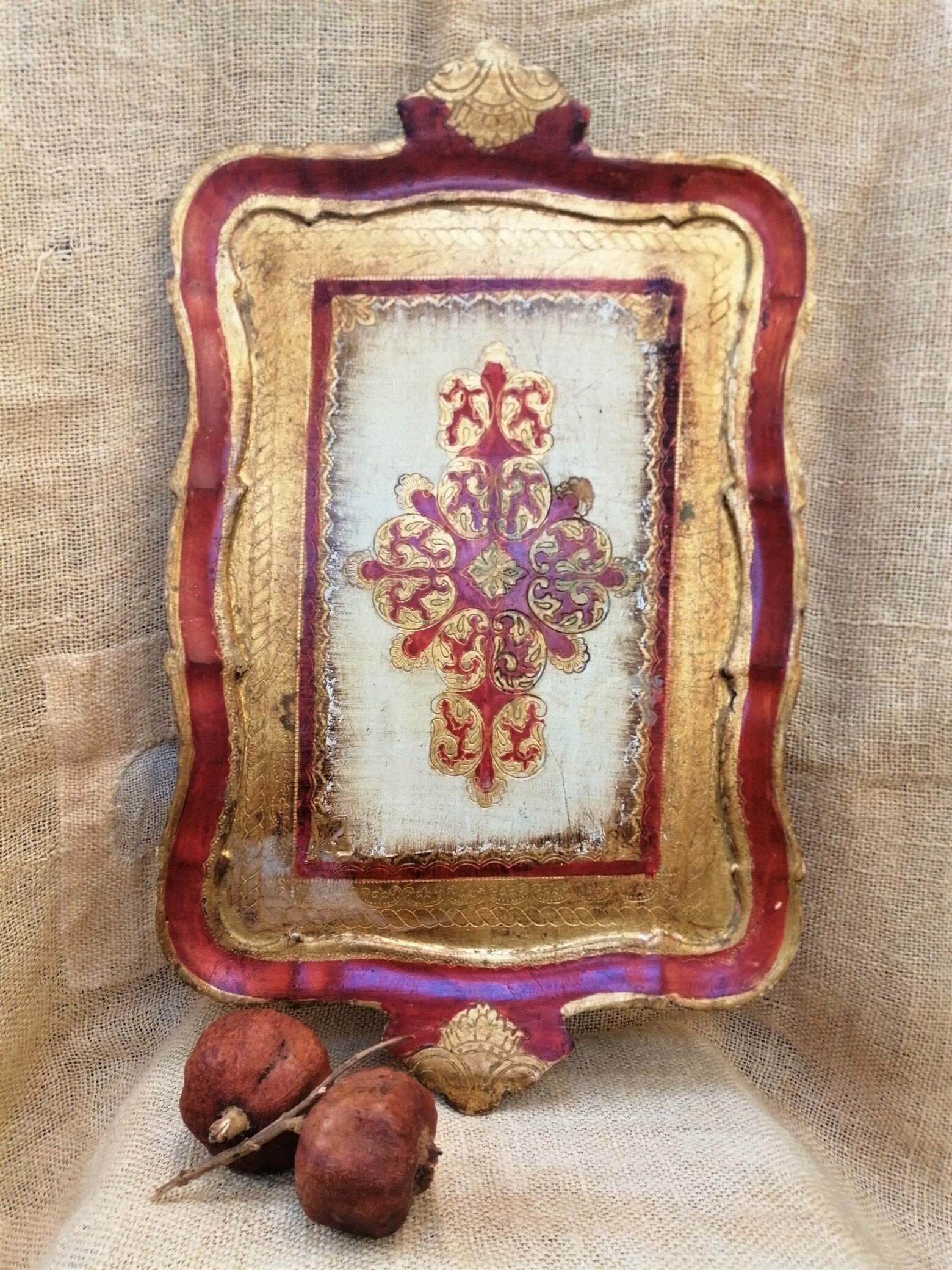 Plateau Florentin Français Vintage avec Deux Poignées, Plateau de Service à L'italienne Vers Le Mili