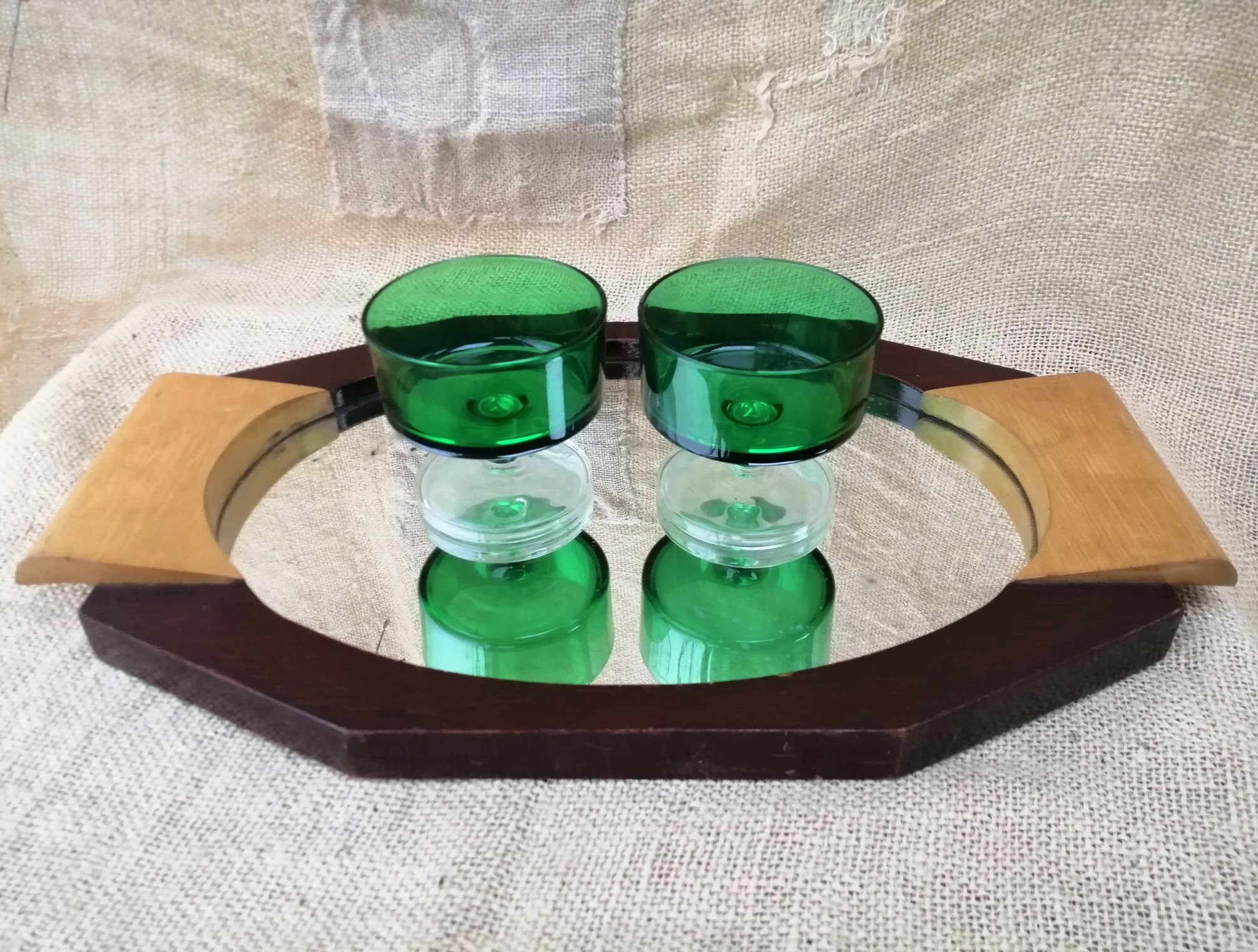 Ancien Français Miroir avec Cadre en Bois Art Déco, Apéritif, Café, Boissons, Plateau Cocktail, Déco