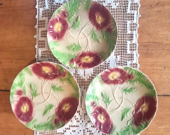 French Antique SET of 3 X MAJOLICA Plates Dessert or Cheese Majolica Floral and Leaf Decor, Rare Barbotine 1900s set