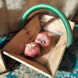 Antique French Wooden Trug, Nut gathering, Vegetable Fruit Basket with wood Handle, Rustic Storage Tray, Farmhouse eclectic home decor