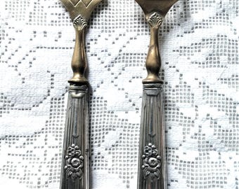 Antique French silver hors d&#39;oeuvre silverware cocktail fork pierced server cutlery set Art Nouveau silver tableware