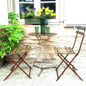 SOLD More coming! Pair Antique FRENCH folding 'bistro' chairs wood and metal, garden, verandah - 1940's French Café, Price for BOTH chairs.