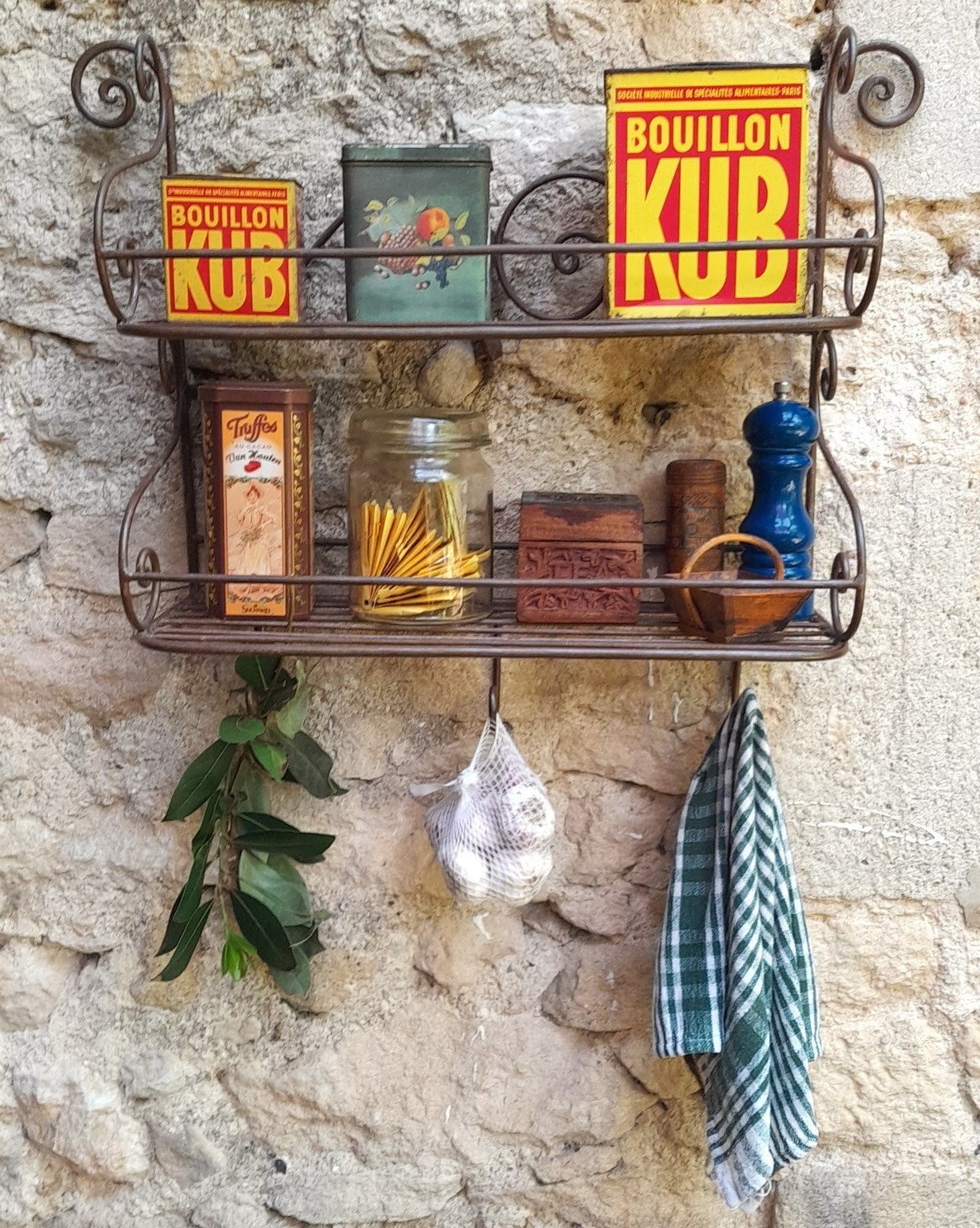 Vintage French Metal Kitchen Shelf: 2-tier Rack With Hooks - Etsy
