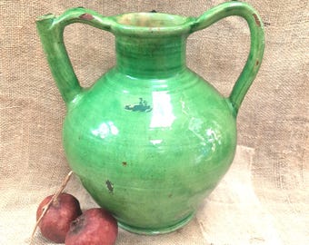 Antique French Terra Cotta Jug: Green Glazed Farmhouse Pitcher "Orjol"