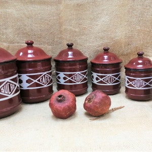 Antique French complete set of 6 X Enamelware ART DECO spice jars pots nesting canisters containers/ Storage tins French kitchenalia