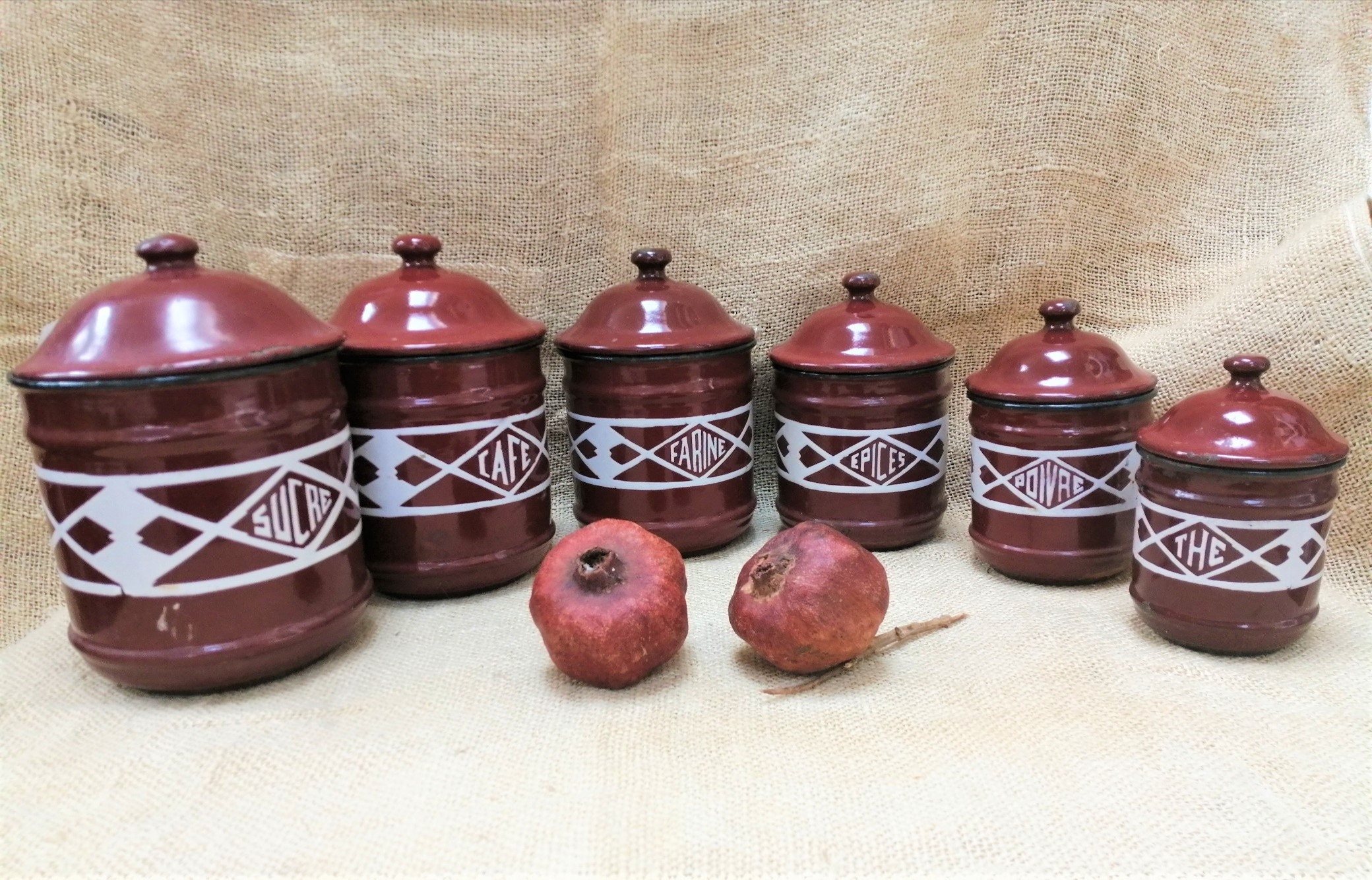 Des Français Ensemble Complet de 6 Pots d'épices Art Deco X Enamelware Nidification Contenants/Boîte