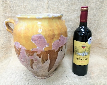 Antique French LARGE 29&quot; Yellow Glazed ochre Confit Pot terra cotta Pottery, with handle, kitchen deco,artist still life, photo styling.