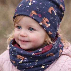 Ensemble bonnet et écharpe pour enfants et bébés - Motif chevaux Jersey, bonnet d'hiver, bonnet de mi-saison