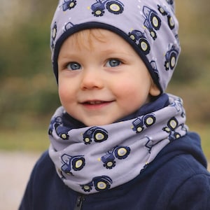 Conjunto de gorro e laço de malha com trator – chapéu e cachecol para crianças Chapéu infantil Chapéu de inverno