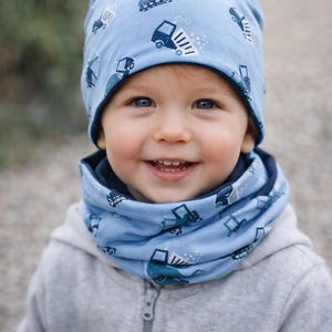 Set berretto e passamontagna per bambini e neonati - Cappello e sciarpa in jersey con motivo trattore ed escavatore - Cappello invernale - Cappello di transizione