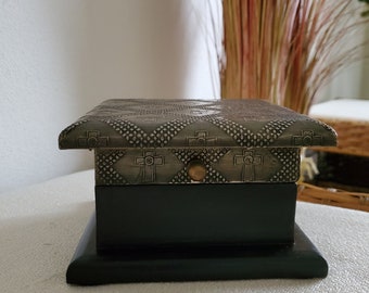 Christian Keepsake Box - Wood with Hammered Metal Top Embossed with Crosses