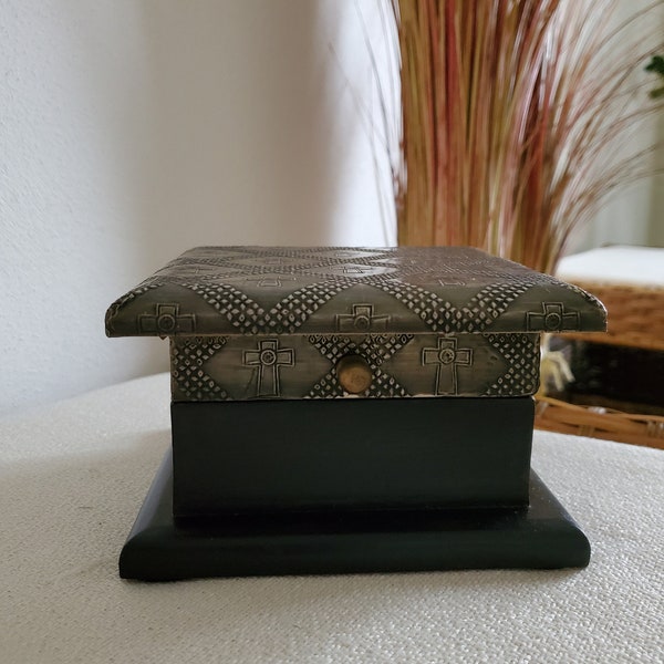 Christian Keepsake Box - Wood with Hammered Metal Top Embossed with Crosses
