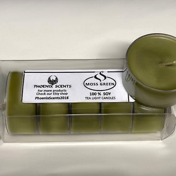 Moss Green, Tea Lights Candles, Soy, Unscented, Pack of 5