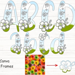 Könnte beinhalten: Florale Buchstaben A, B, C und D sowie a, b, c und d, mit hellblauem und grünem Farbschema. Jeder Buchstabe ist mit weißen Blumen verziert. Das Bild enthält auch einen floralen Rahmen und den Text "60+ Canva Floral Frames".