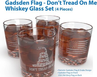 Gadsden Flag Don't Tread on Me - Premium Whiskey Tumbler Glass - 4 Piece Cocktail Glass Set, Patriotic American Made Personalized Barware