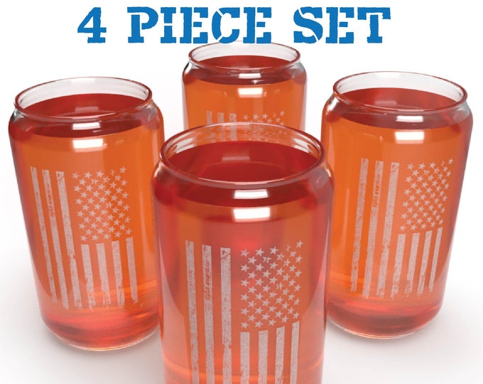 Beer Can Glass Personalized Mugs 4 Piece Beer Glass Gift Set, Laser Etched American Flag, Gift For Dads Grads, Personalize d Beer Mug Set