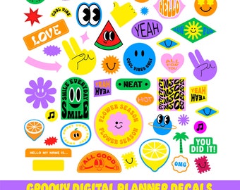 Groovy Hippie Fun Digital Planner Stickers, GoodNotes & iPad Digital Decals, Stickers, 56 PNG Digital Stickers, Fun and Funky Stickers
