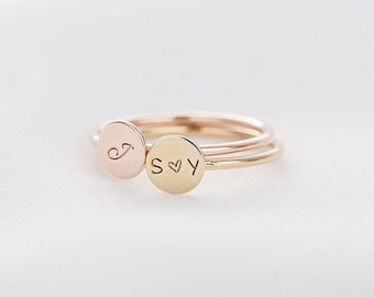 Custom Initial Ring, Stackable Initial Disc Ring, Dainty Letter Round Ring, Personalized Stacking Name Jewelry, Gift for Mom Bridesmaid  her