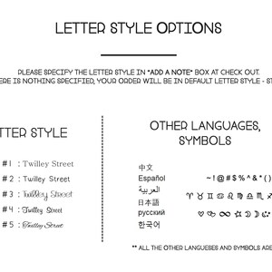 May include: A white graphic with text detailing letter style options. The text includes "Letter Style Options", "Letter Style", and "Other Languages, Symbols". It also lists five different styles and a variety of symbols.