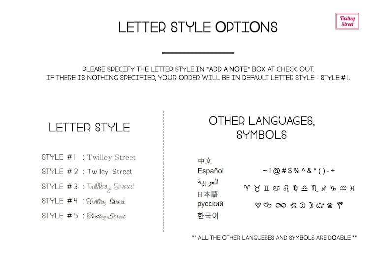 May include: A white graphic with text detailing letter style options. The text includes "Letter Style Options", "Letter Style", and "Other Languages, Symbols". It also lists five different styles and a variety of symbols.