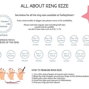 May include: Informative graphic with ring size information, including US standard diameter and perimeter measurements in millimeters. The guide includes sizes 5 to 11, with instructions on how to measure ring size using paper and a pen.