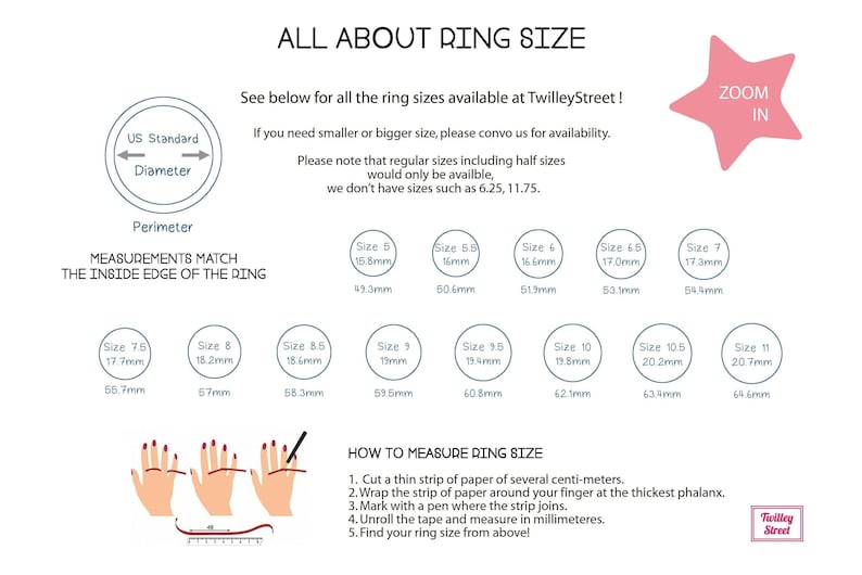 May include: Informative graphic with ring size information, including US standard diameter and perimeter measurements in millimeters. The guide includes sizes 5 to 11, with instructions on how to measure ring size using paper and a pen.