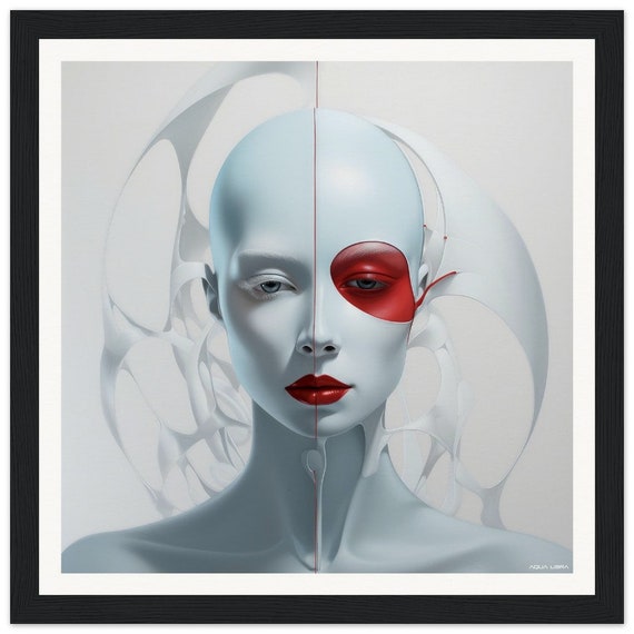 Red | 026 - fine art print, surreal, minimalistic, portrait red, blue, silver, white framed wall art.