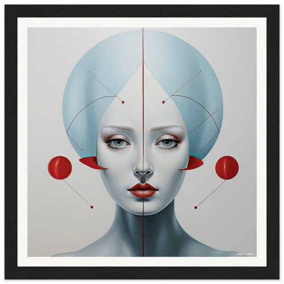 Red | 027 - fine art print, surreal, minimalistic, red, blue, silver, white portrait.