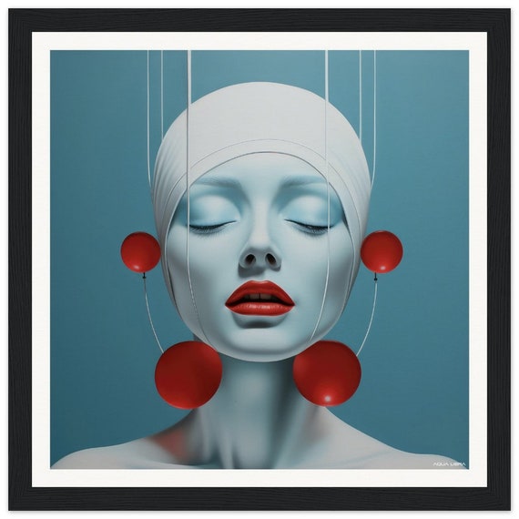 Red | 025 - fine art print, surreal, minimalistic, portrait,red, blue, silver, white framed wall art.