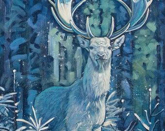White stag-Original Artwork-Original oil painting-Stag art-Stag wall art-Stag painting-Stag portrait-Deer painting-Home decor-16''x20"