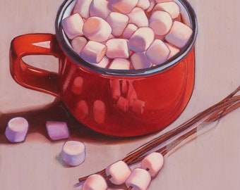 Hot chocolate-Original artwork-Oil painting-Christmas gift-Hot chocolate painting-Marshmallow art-Home décor-Art gift-Wall art-16''x20"