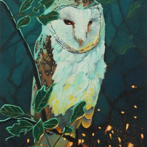 Nightly owl-Barn owl-Original oil painting-Owl art-Owl painting-Fantasy art-Surrealism-Holiday gift-Home decor-11&#39;&#39;x14&quot;